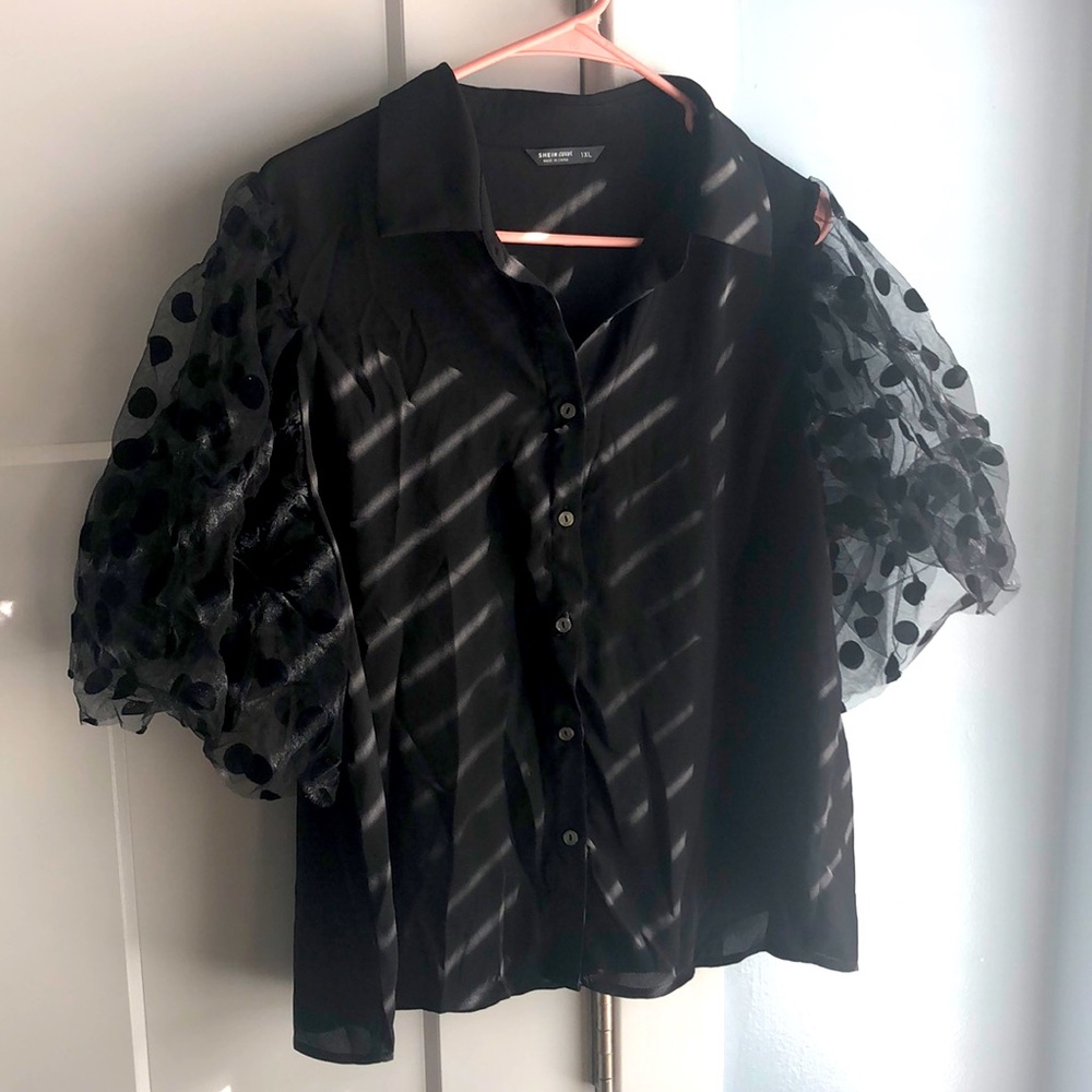 Black puff sleeve button down blouse